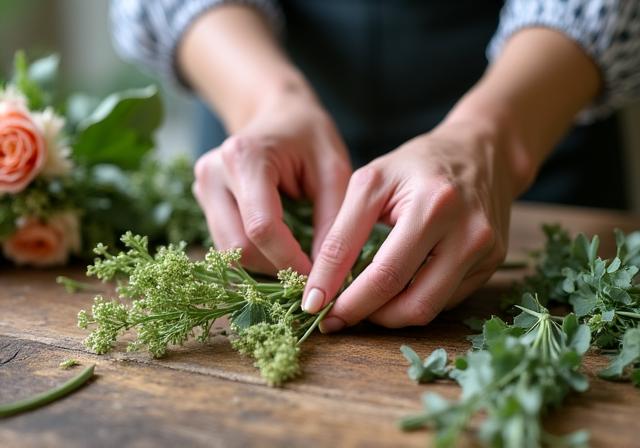 Close up of fresh local flowers being arranged at Aethel Bloom