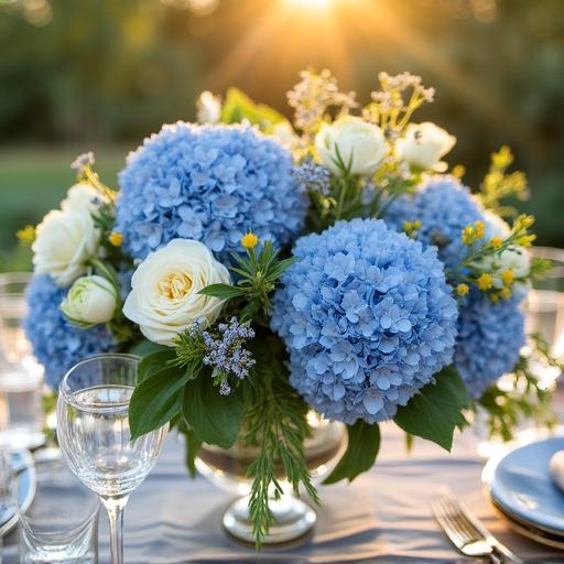 Lush summer wedding table arrangement with hydrangeas and roses